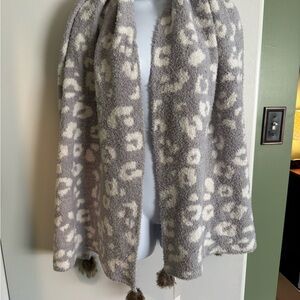Mud Pie Gray & Cream Leopard Chenille Scarf with Pom Detail
